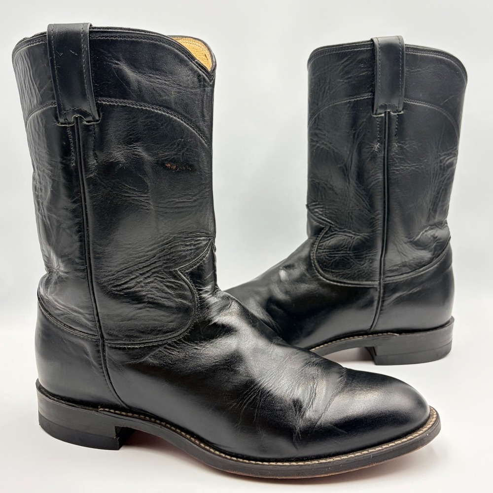 Justin 3133 Jackson Black Leather Western Roper Boots Mens Size 8 EE Pull on USA - Picture 2 of 15